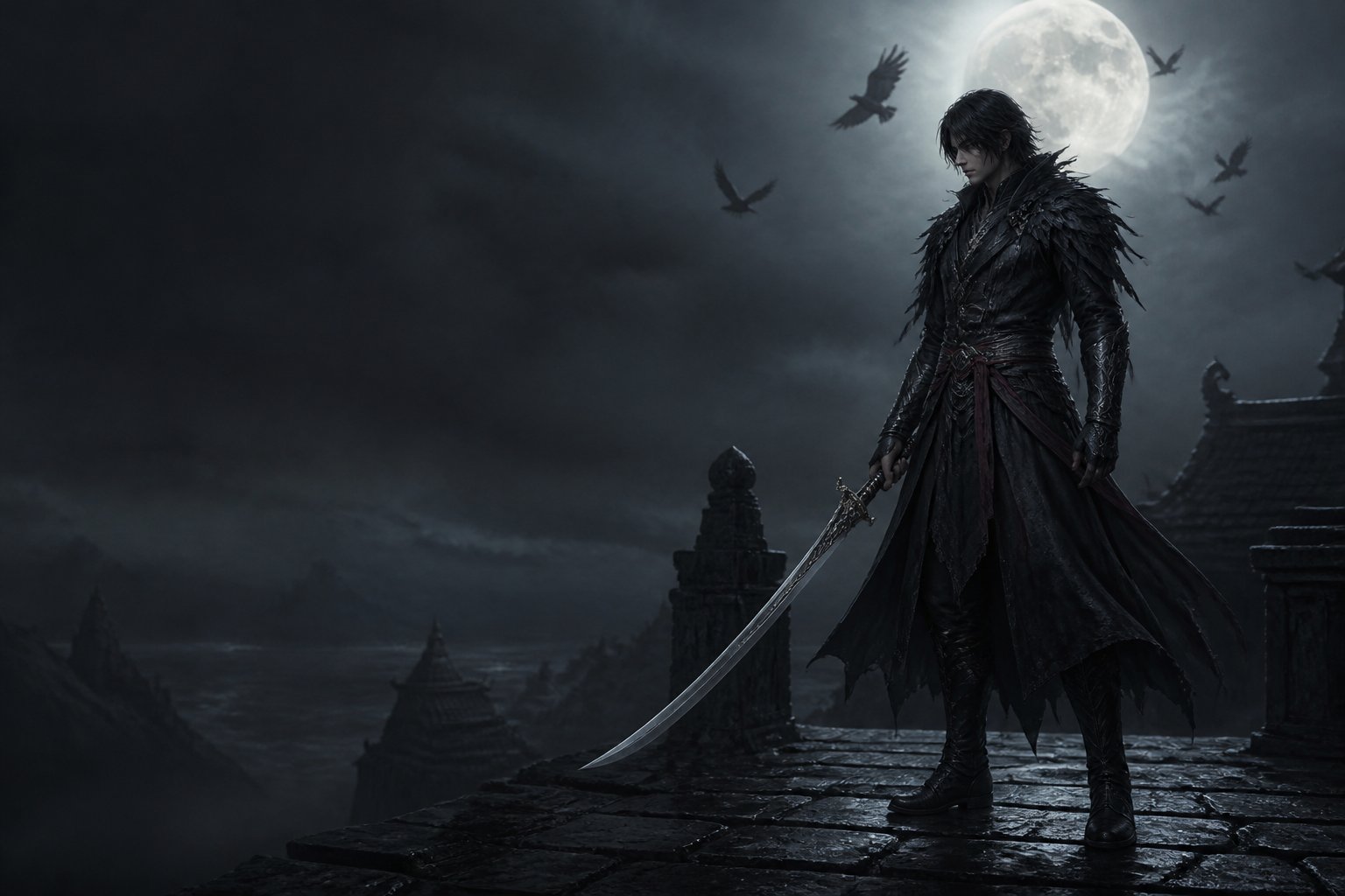 A lone swordsman standing on a moonlit rooftop as crows circle overhead